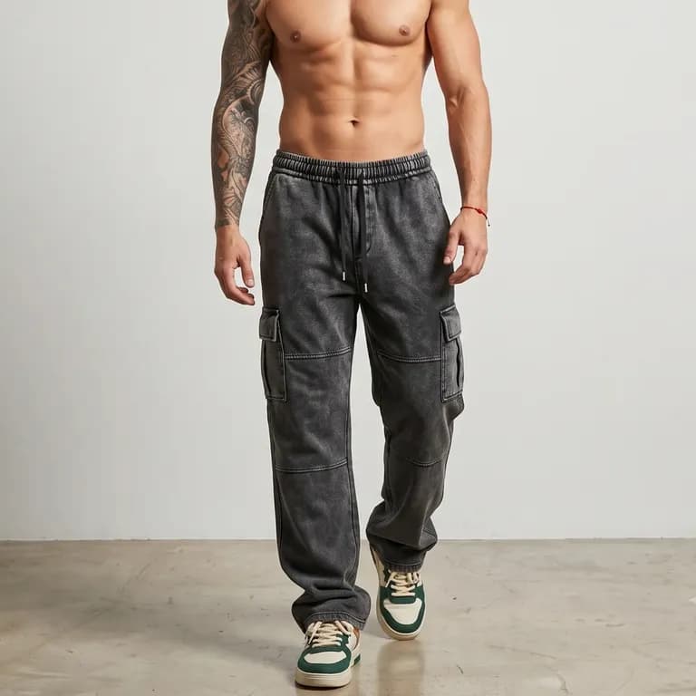 Pantalon Buzo Ancho Cargo Hombre Acid Wash Negro S
