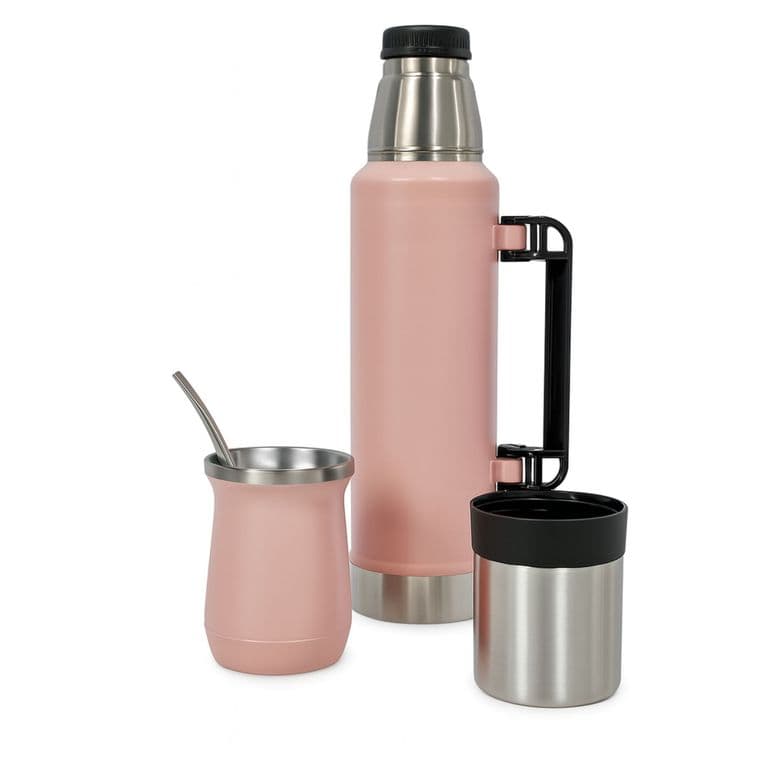 Termo De Agua Acero Inoxidable 1.3 Litros + Mate 236ml Con Bombilla Rosado
