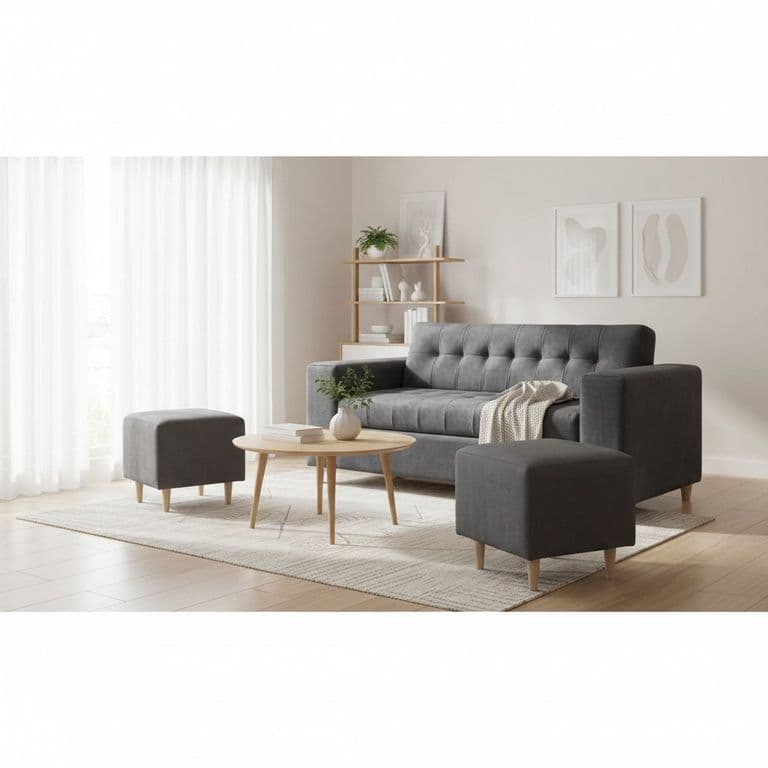 SOFA DOS CUERPOS MAS POUF EN FELPA Gris oscuro