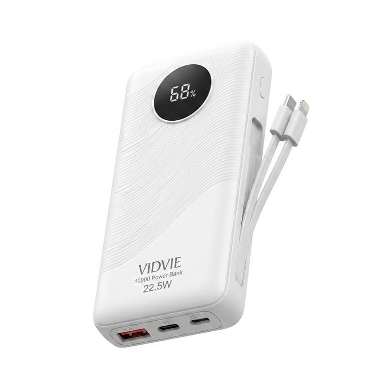 BATERIA PORTATIL POWER BANK 10000 mAh 22.5W VIDVIE PB7017 CON CABLES INTEGRADOS Y PANTALLA DIGITAL