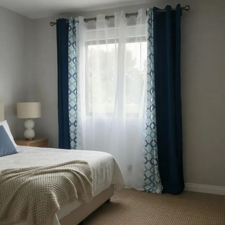 Set De Cortinas Lino Combinadas Azul + Visillos 4 Panos