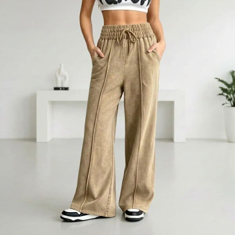 Pantalon Buzo Pre Lavado Verano Palazzo Algodon Elasticados Wide Leg Beige S