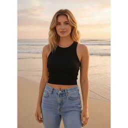 Top Acanalado Mujer Polera Sin Manga Cuello Redondo Fashion 9027 Negro M/L