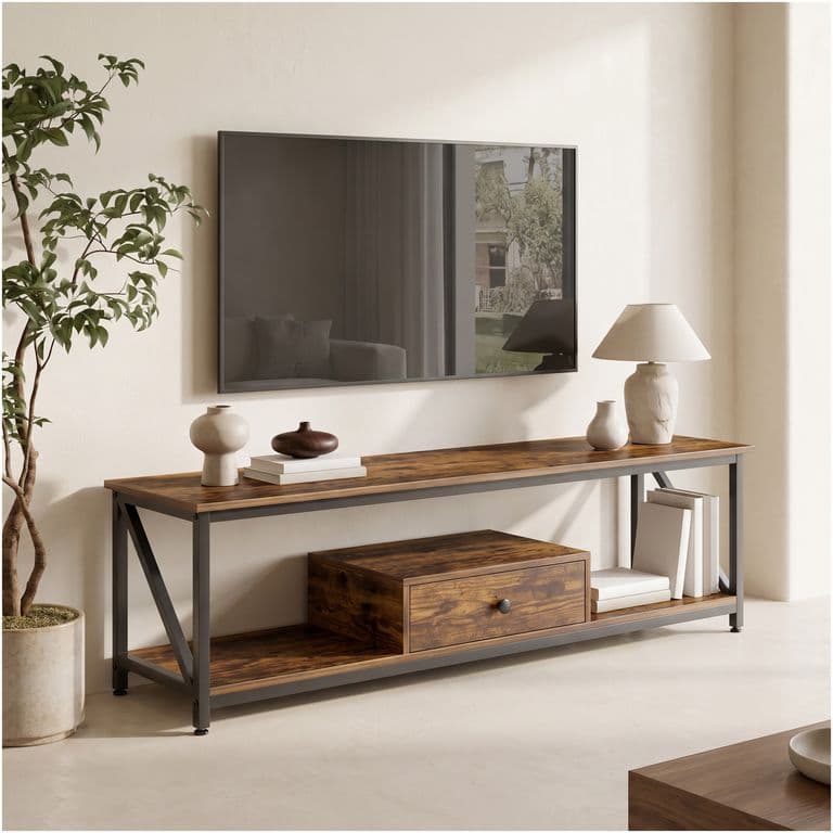 Rack Tv Industrial Con Cajon Central Y Estantes De 140 Cm Madera Veteada Y Negro