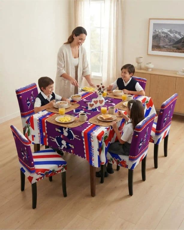 Set Dieciochero 7 Piezas Mantel y 6 Fundas para Sillas Fiestas Patrias