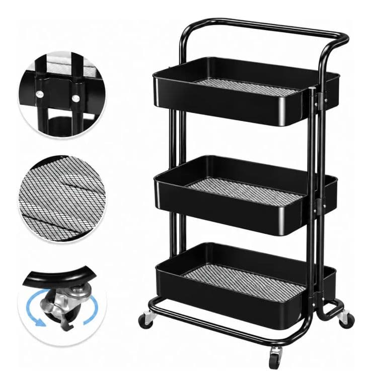 Carrito Organizador Metalico 3 Niveles con Ruedas y Asa Multiuso