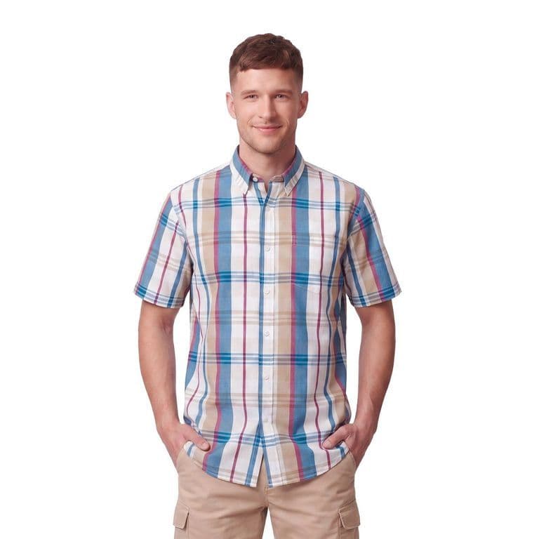 Camisa Manga Corta Cuadros Grandes Hombre Beige 43