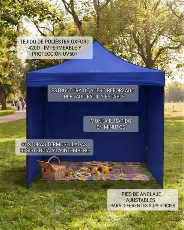 Toldo Plegable 3x3 Metros Carpa Impermeable con Cortinas Laterales UV Azul marino
