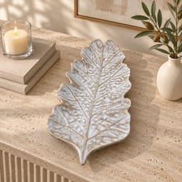 Bandeja Decorativa Forma Hoja MDF Blanco y Dorado 38 cm
