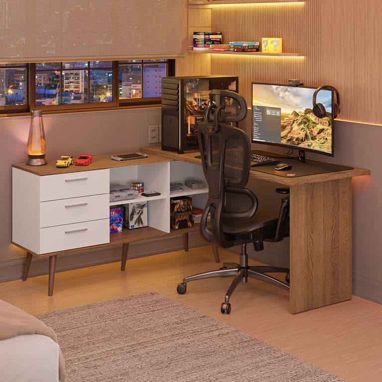 Escritorio Gamer en L Lisboa 3 Cajones Marron/Blanco 255x60x74 cm