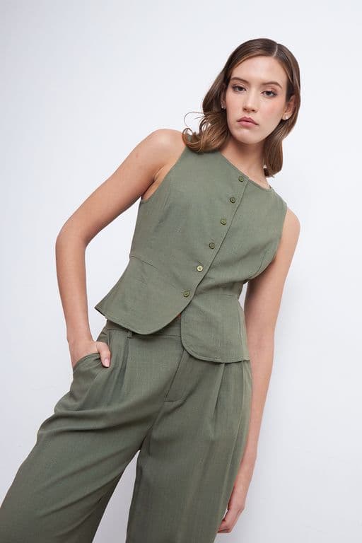 Gilet Cuello Redondo Tipo Lino Oliva Verde Oliva M