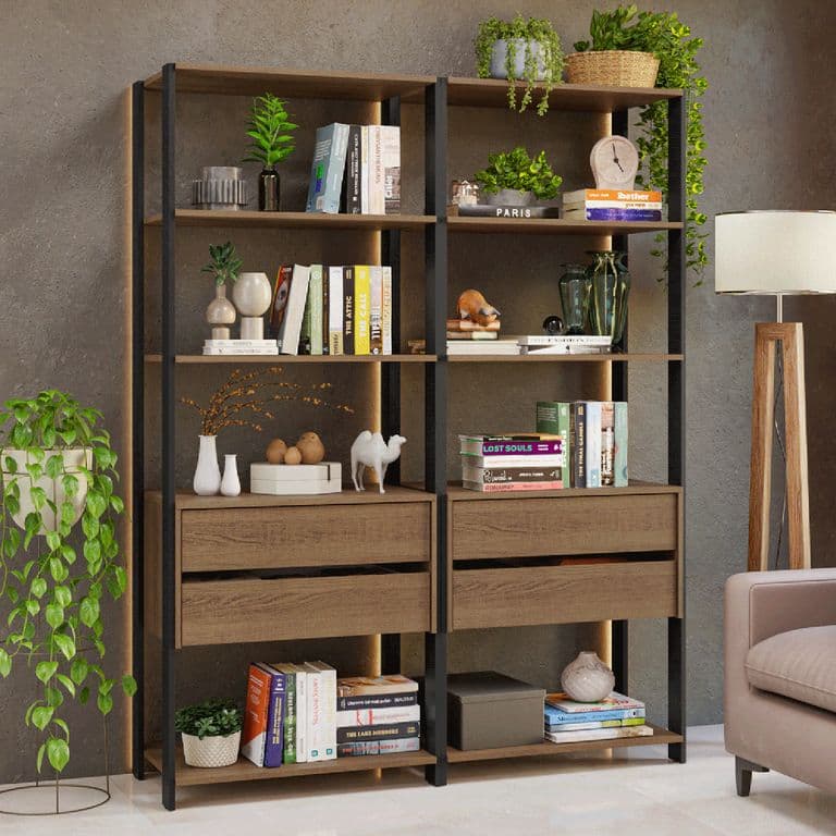 Estante Librero 140 cm 8 Repisas 4 Cajones Marron/Negro 140x45x180 cm