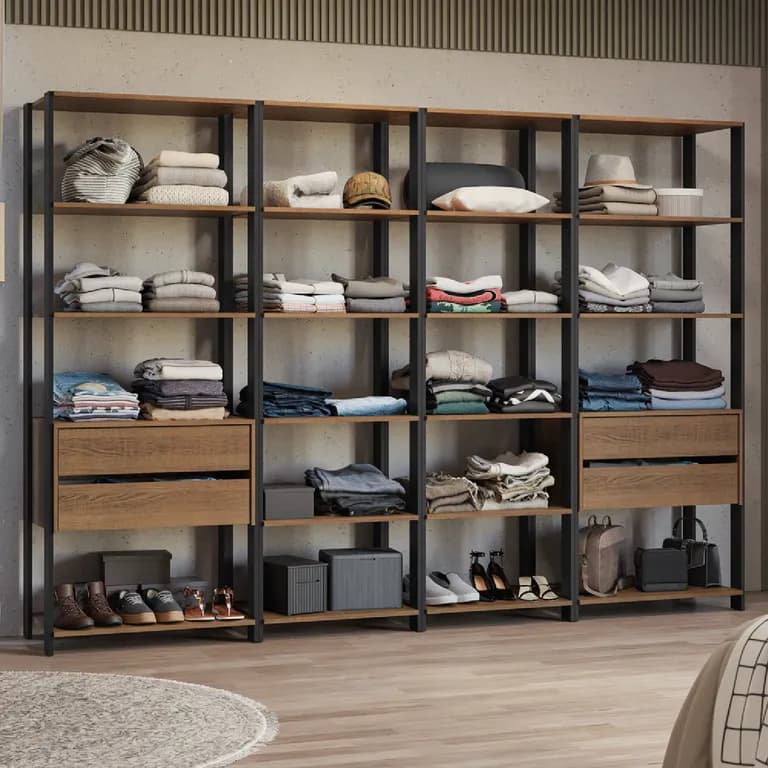 Closet Abierto Valencia 258 cm 18 Repisas 4 Cajones Marron/Negro 258x45x180 cm
