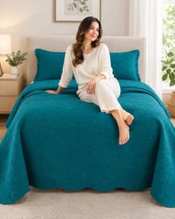 Set Cubrecama Quilt Verano Turquesa King Relieve + Juego de Sabanas