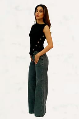 Wide Leg Con Estrellas Rigido Gris 42