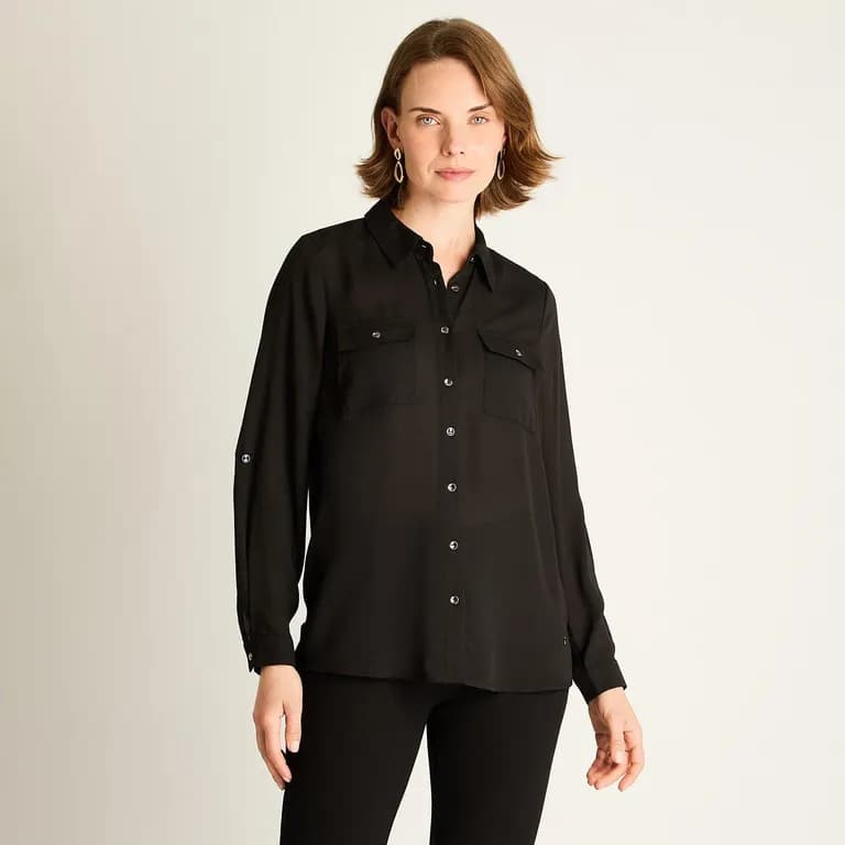 Blusa Negra con Bolsillos y Roll-Up Negro S