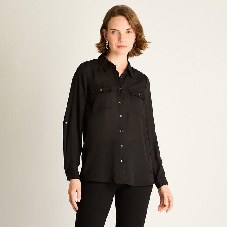 Blusa Negra con Bolsillos y Roll-Up Negro XS