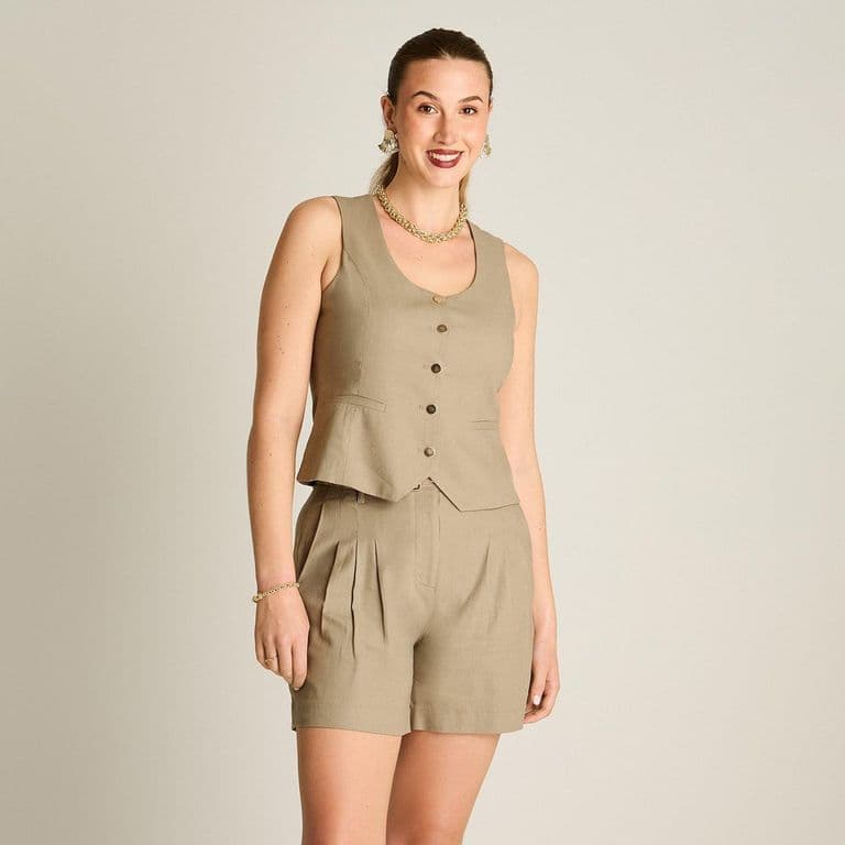 Bermuda Sastrero Cinturon Tiro Alto Mujer Taupe Beige 36