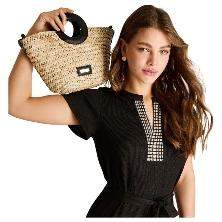 Cartera de Rafia con Asas Circulares Mujer Negro Negro TALLA UNICA