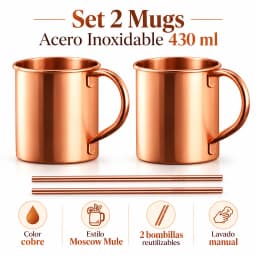 Set 2 Mugs Acero Inoxidable 430 ml Cobre con Bombillas