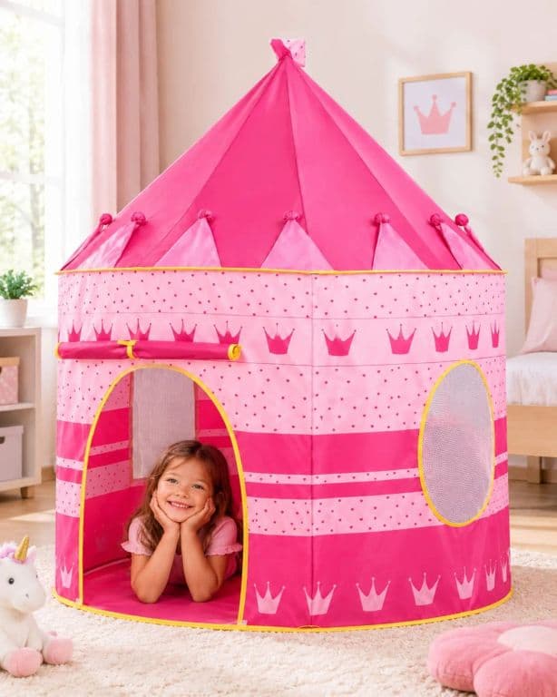 Castillo de Princesa Infantil Rosado con Ventanas de Malla