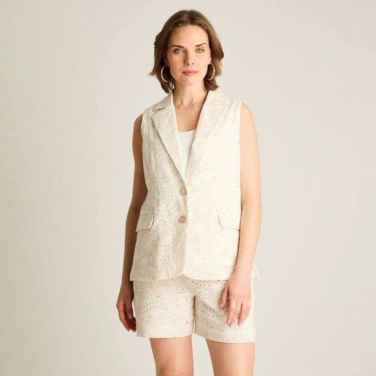 Blazer Crudo Sin Mangas con Broderie Blanco XS