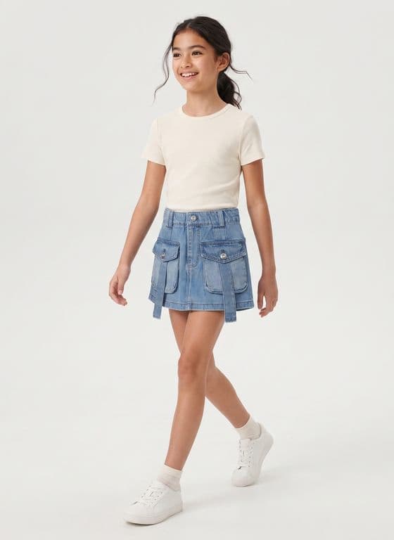 Falda Short Mezclilla Nina Cargo Con Bolsillos Estilo Azul 12