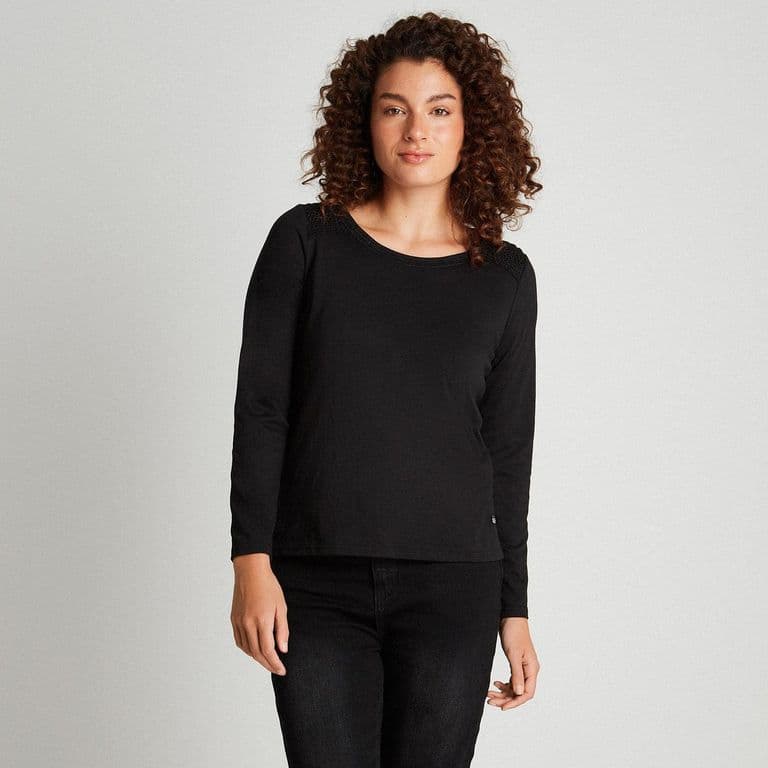 Polera Manga Larga Con Aplicacion de Macrame Negra Negro XS