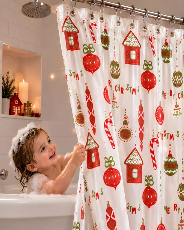 Cortina de Ducha Navidena Impermeable de 180 x 180 cm con Forro Protector y Argollas