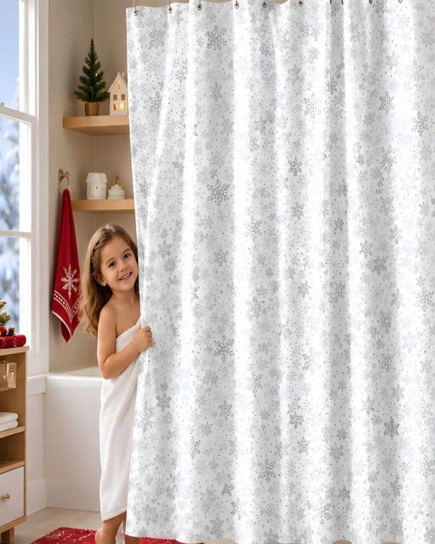 Cortina de Ducha Navidena Impermeable de 180 x 180 cm con Forro Protector y Argollas