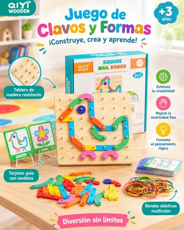 Tablero Didactico De Madera Geoplano Con Tarjetas Y Elasticos