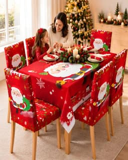Set de Comedor de 7 Piezas Mantel y Fundas Navidenas para Sillas