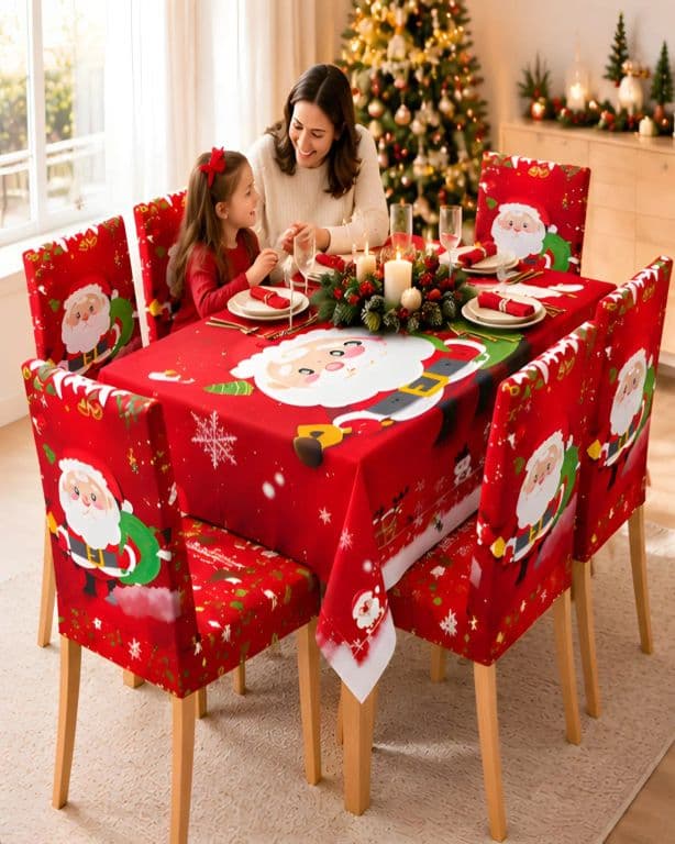 Set de Comedor de 7 Piezas Mantel y Fundas Navidenas para Sillas