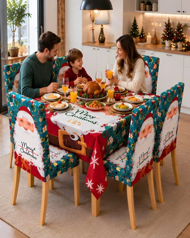 Set de Comedor de 7 Piezas Mantel y Fundas Navidenas para Sillas