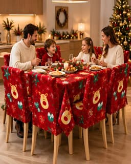 Set de Comedor de 7 Piezas Mantel y Fundas Navidenas para Sillas