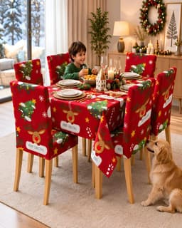 Set de Comedor de 7 Piezas Mantel y Fundas Navidenas para Sillas