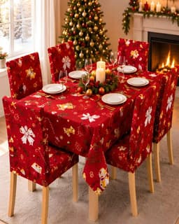 Set de Comedor de 7 Piezas Mantel y Fundas Navidenas para Sillas