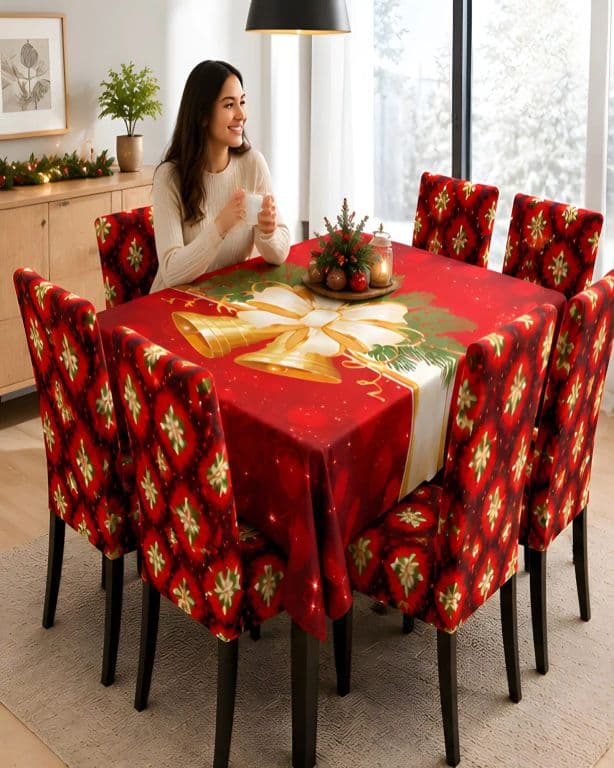 Set de Comedor de 7 Piezas Mantel y Fundas Navidenas para Sillas