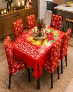 Set de Comedor de 7 Piezas Mantel y Fundas Navidenas para Sillas