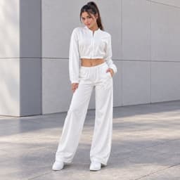 Conjunto Deportivo Mujer Chaqueta Crop Y Pantalon Palazzo Blanco S