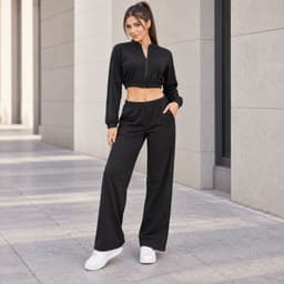 Conjunto Deportivo Mujer Chaqueta Crop Y Pantalon Palazzo Negro M