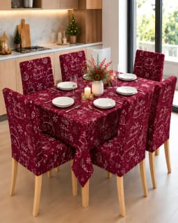 Set de Comedor de 7 Piezas Mantel y Fundas Navidenas para Sillas