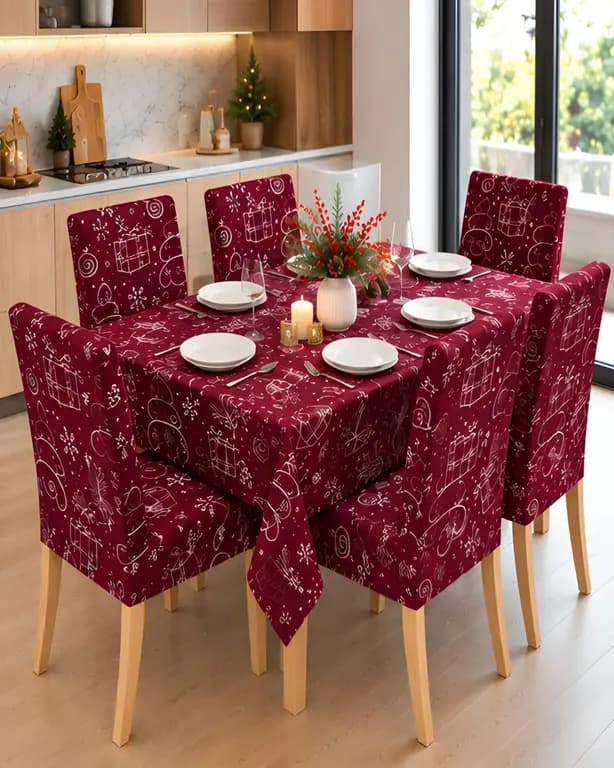 Set de Comedor de 7 Piezas Mantel y Fundas Navidenas para Sillas