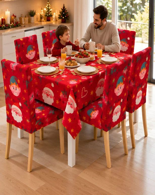 Set de Comedor de 7 Piezas Mantel y Fundas Navidenas para Sillas