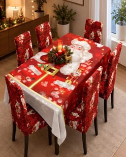 Set de Comedor de 7 Piezas Mantel y Fundas Navidenas para Sillas