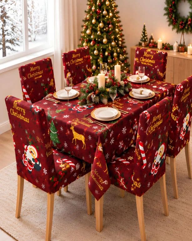 Set de Comedor Navideno de 7 Piezas Mantel y 6 Fundas Sillas