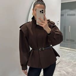 Chaqueta Mujer Entallada con Cinturon Marron Valeria Cafe XL