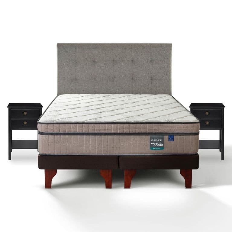 Cama Europea Maximo Cobre 2 Plazas x 2.00mt Base Dividida + Respaldo + 2 Veladores Design Gris