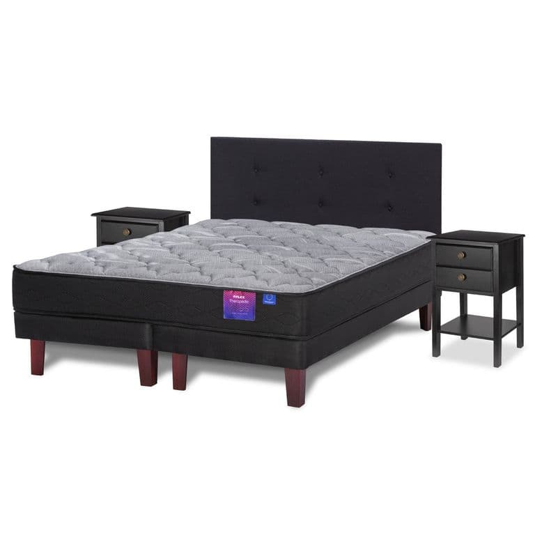 Cama Europea Therapedic Plus 2 Plazas x 2.00mt Base Dividida + Respaldo + 2 Veladores Royal Negro
