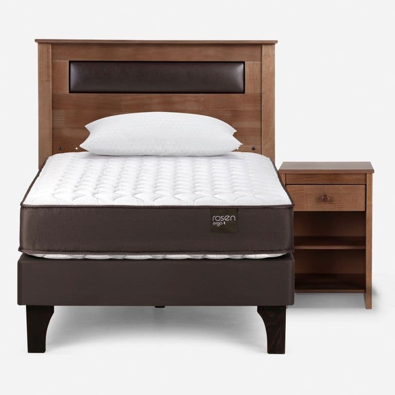 Cama Europea New Ergo T 1.5 Plazas x 2.00 mt + Respaldo + Velador + 1 Almohada Ferrara Taffy